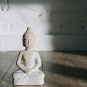 statuetta del buddha mentre medita su un pavimento in legno marrone scuro